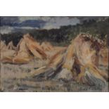 BRITISH SCHOOL, EARLY 20TH CENTURY - CORN STOOKS, INDISTINCTLY SIGNED, OIL ON PANEL, 24.5 X 35CM