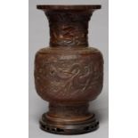 A CHINESE BRONZE DRAGONS VASE, LATE 19TH C, WITH LAPPETTED SHOULDER, THE FLARED NECK CAST WITH