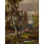 ABRAHAM HULK, JNR (1851-1922) - A RIVERSIDE WALK LINED WITH SILVER BIRCHES, SIGNED, OIL ON CANVAS,