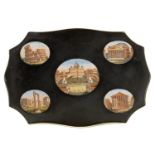 AN ITALIAN MICROMOSAIC AND SLATE PAPERWEIGHT, ROME, MID 19TH C, WITH FIVE VIEWS OF ROMAN MONUMENTS