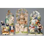 A STAFFORDSHIRE EARTHENWARE ARBOR GROUP, ANOTHER OF GYPSIES AND A SMALLER CLOCK GROUP, C1860-80, A