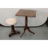 AN EARLY VICTORIAN MAHOGANY TRIPOD TABLE, 71CM H; 43 X 49CM AND A VICTORIAN PIANO STOOL (2) Both