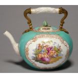 A MEISSEN TURQUOISE GROUND GLOBULAR TEA KETTLE AND COVER, LATE 19TH C, MOUNTED WITH ORMOLU SWING