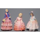 THREE ROYAL DOULTON BONE CHINA FIGURES OF YOUNG WOMEN, 14CM H AND SMALLER, PRINTED MARKS Good