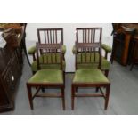 A PAIR OF VICTORIAN MAHOGANY ARMCHAIRS IN REGENCY STYLE, THE SQUARE BACK WITH REEDED UPRIGHTS,