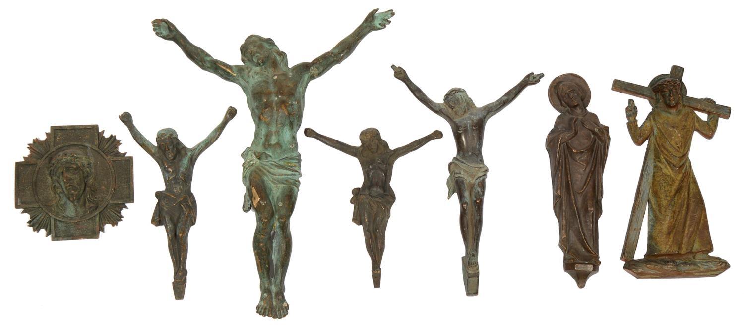 A BRONZE CORPUS CHRISTI AND THREE OTHER SIMILAR, SMALLER SCULPTURES, 19TH/20TH C, 67CM H AND SMALLER
