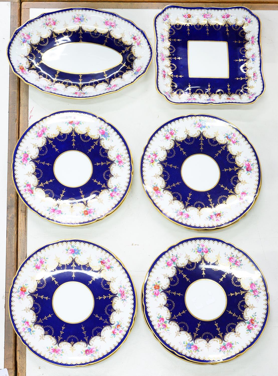 A COPELAND COBALT GROUND DESSERT SERVICE, FIRST HALF 20TH C, PRINTED AND PAINTED TO THE BORDER