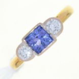 A TANZANITE AND DIAMOND THREE STONE RING, IN 18CT GOLD,  DATE LETTER INDISTINCT, CONVENTION