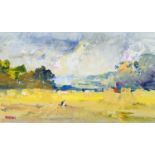TOM KEATING (1917-19840)  -  LANDSCAPE, SIGNED, OIL ON PAPER, 10.5 X 18CM Good condition