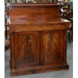 A VICTORIAN MAHOGANY CHIFFONIER, C1860, WITH PANELLED DOORS FLANKED BY TURNED PILLARS, 128CM H; 45 X