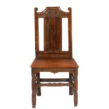 A JOINED OAK CHAIR, 19TH C, WITH CHANNELLED SPLAT AND BOARDED SEAT, SEAT HEIGHT 43CM Joints loose,