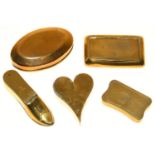 FOUR VICTORIAN BRASS SNUFF BOXES, C1840-LATE 19TH C, THE HEART SHAPED EXAMPLE 50MM AND A VICTORIAN