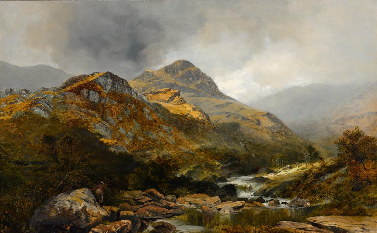 JAMES PEEL (1811-1906) - A MOUNTAIN TORRENT WITH ANGLER ON ROCKS, SIGNED WITH MONOGRAM AND DATED