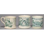 THREE VICTORIAN GREEN PRINTED EARTHENWARE CHILDREN'S MUGS, MID 19TH C, WITH PRINTS OF THE HISTORY OF