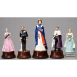 FIVE ROYAL DOULTON BONE CHINA FIGURES OF HM THE QUEEN AND FOUR OTHER ROYAL PERSONAGES, WOOD