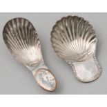 TWO OLD SHEFFIELD PLATE CADDY SPOONS, LATE 18TH C, WITH SHELL BOWL Light wear