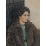ENGLISH SCHOOL, 20TH CENTURY - PORTRAIT OF A LADY IN A GREEN DRESS, PASTEL, 33.5 X 24.5CM Good