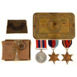 WWII MEDALS. 1939-1945 STAR, BURMA STAR AND DEFENCE MEDAL, CARD BOX, CLOTH INSIGNIA (