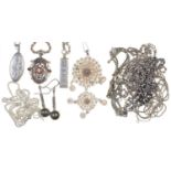 MISCELLANEOUS SILVER  CHAINS, FILIGREE AND OTHER BROOCHES, A SILVER INGOT PENDANT, LOCKET, EARRINGS,