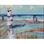 ROSS FOSTER, 20TH / 21ST C -  PLAYING ON THE BEACH, SIGNED, OIL ON BOARD, 21 X 26.5CM Good