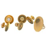 A PAIR OF GOLD STUDS SET WITH A SPLIT PEARL, MARKED 18CT, A SET OF THREE GOLD STUDS MARKED 18CT