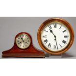 A MAHOGANY MANTLE CLOCK, C1920, WITH SILVERED DIAL, 27CM H AND A MAHOGANY STAINED WALL TIMEPIECE (2)