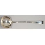 A GEORGE III SILVER SOUP LADLE, FEATHER EDGE PATTERN, INITIALLED B, BY GEORGE SMITH, LONDON 1778,