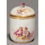 A MEISSEN, MARCOLINI, CHOCOLATE CUP AND COVER, C1790, WITH ENTWINED HANDLE, PAINTED WITH PUTTI OR