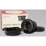 LEICA. A LEITZ SUPER ANGULON-R F4 21MM LENS 2449341, LENS HOOD AND CAPS, BOXED