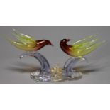 A MURANO COLOURED GLASS GROUP OF BIRDS, C1960, ON SHAPED OBLONG BASE, 16CM H Good condition