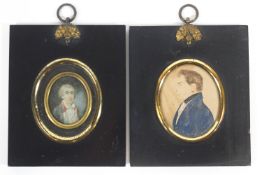 Two early 19th century oval miniatures of men wearing stocks,