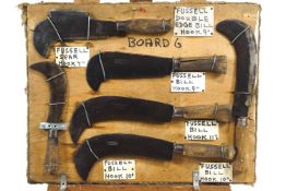 A group of six Fussell of Mells 9 - 11" bill hooks, a double edge bill hook and a spar hook,