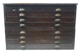 A pine plan chest with eight drawers and brass cup handles, stamped GRV A Cooper & Co,