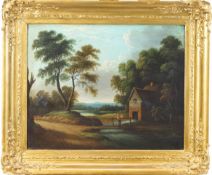 19th century Continental School, a Watermill with figures in a landscape, oil on canvas,