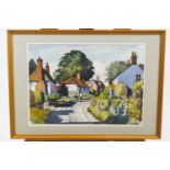 E R Roberts, A high street village scene, watercolour, signed lower right,