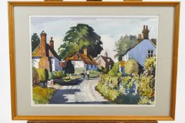 E R Roberts, A high street village scene, watercolour, signed lower right,