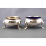 Two George III silver cauldron salts, of traditional three leg form, marks rubbed,