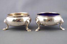 Two George III silver cauldron salts, of traditional three leg form, marks rubbed,