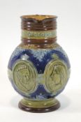 A Doulton Lambeth stoneware Victoria diamond jubilee jug, with a scroll handle and two bands,