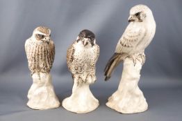 Three studio pottery models of a Merlin, Kestrel and Peregrine Falcon,