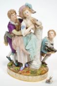 A large 19th century Meissen style figure group of a lady beside a broken pillar,