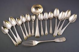 A silver harlequin fiddle and thread pattern canteen, the table forks by Eley & Fearn, London 1805,