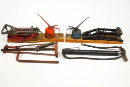 Automobilia - a cast metal British Goodrich foot pump with two oil cans and a jack