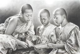 21st century Chinese School, Three young buddhist monks, pencil,