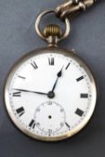 A sterling silver open face pocket watch. Circular white dial with Roman numerals.
