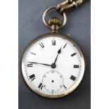 A sterling silver open face pocket watch. Circular white dial with Roman numerals.