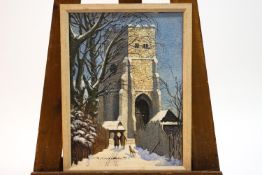 Laurence Irving, Snowy walk to the church, acrylic on board, signed with monogram lower right,
