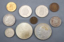 A collection of ten loose Dutch coins to include a gold 10 Guilder dated 1877.