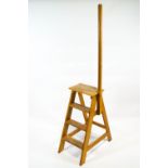 A beech three step library ladder with support pole 179cm high x 41cm wide x 68cm deep