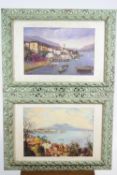 Two prints of Italian lake scenes in carved, pierced, gilt and painted wood Florentine style frames,